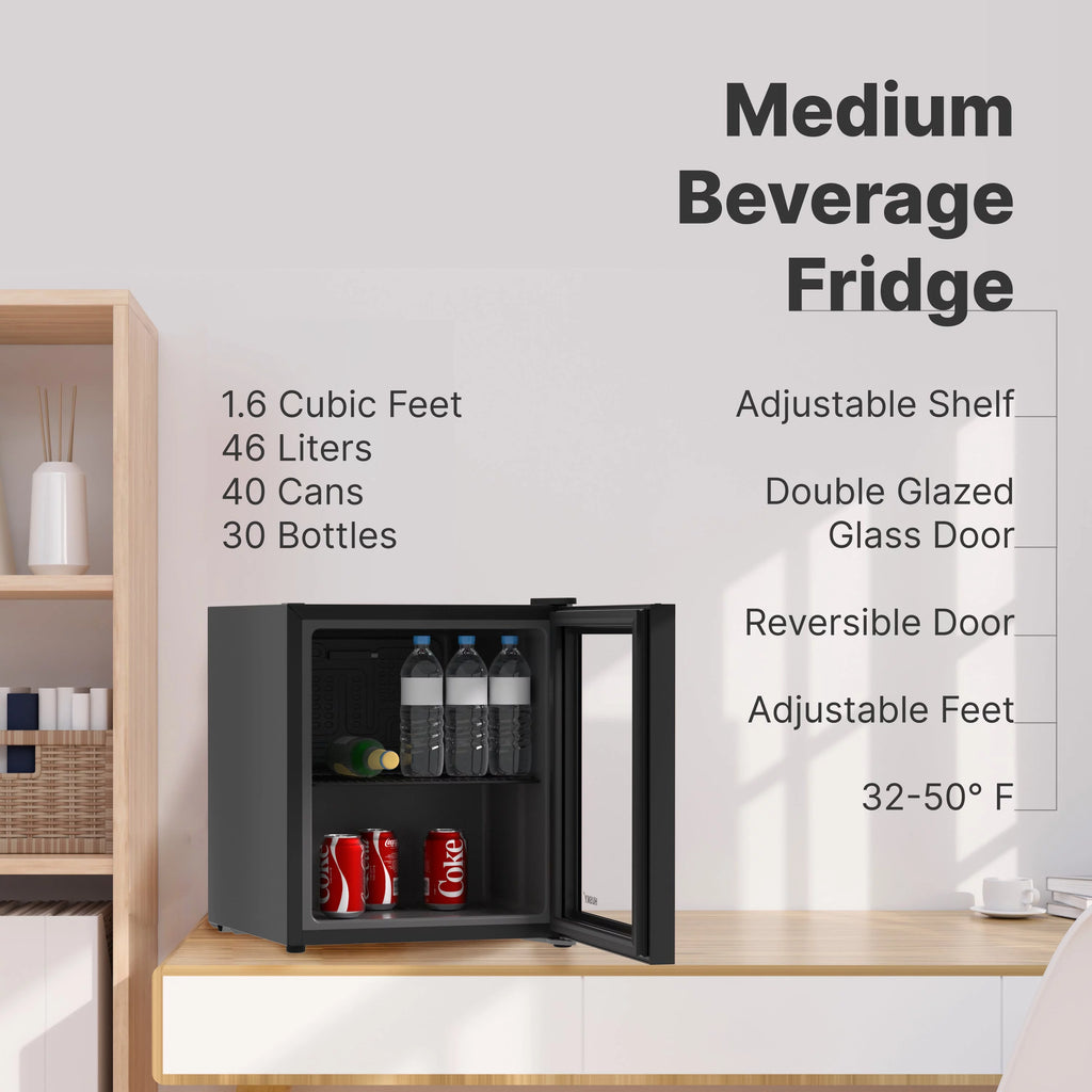 46L Reversible Glass Door Beverage Refrigerator 1.6 Cu Freestanding Countertop Mini Fridge in Black T73656
