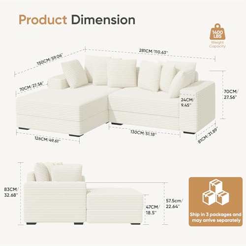 Beige Reversible Corduroy L Shaped Sectional Couch with 8pcs Pillows D273775
