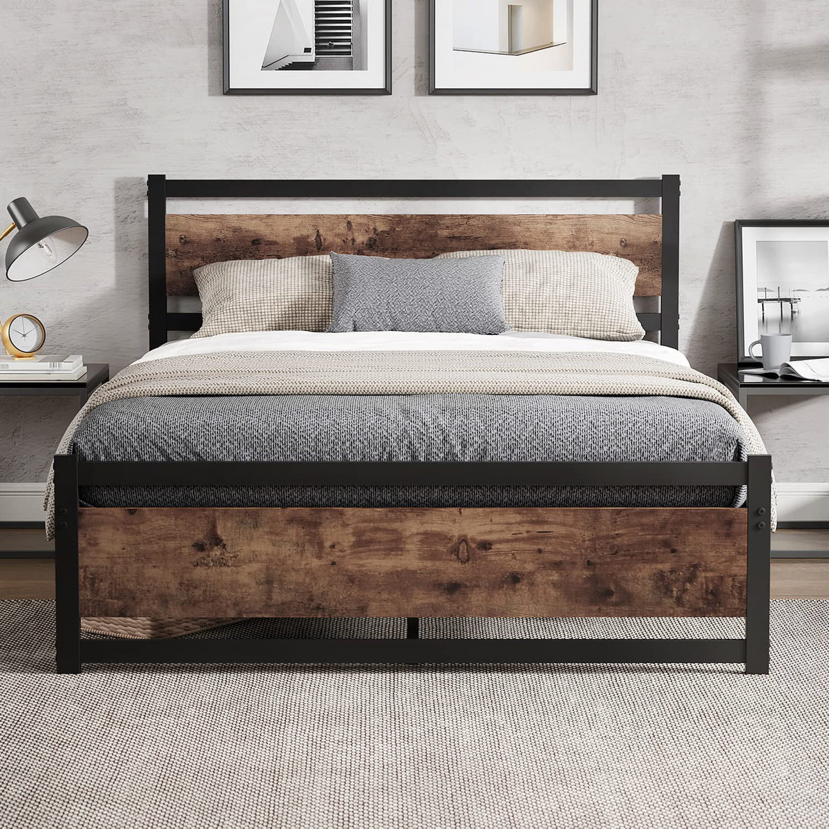 Queen Platform Bed Frame with Wooden Headboard Y97039