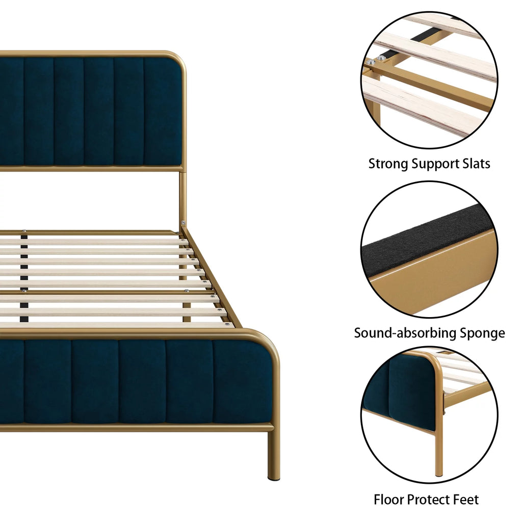 Queen Size Metal Bed Frame with Upholstered Headboard Y543918