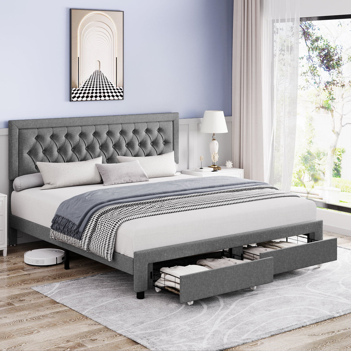 Queen Size Black PU Leather Upholstered Platform Bed Frame Y737