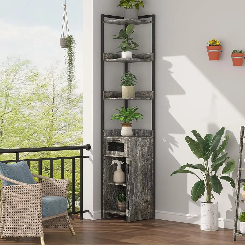Grey 7-Tier Corner Cabinet with Drawer X737856