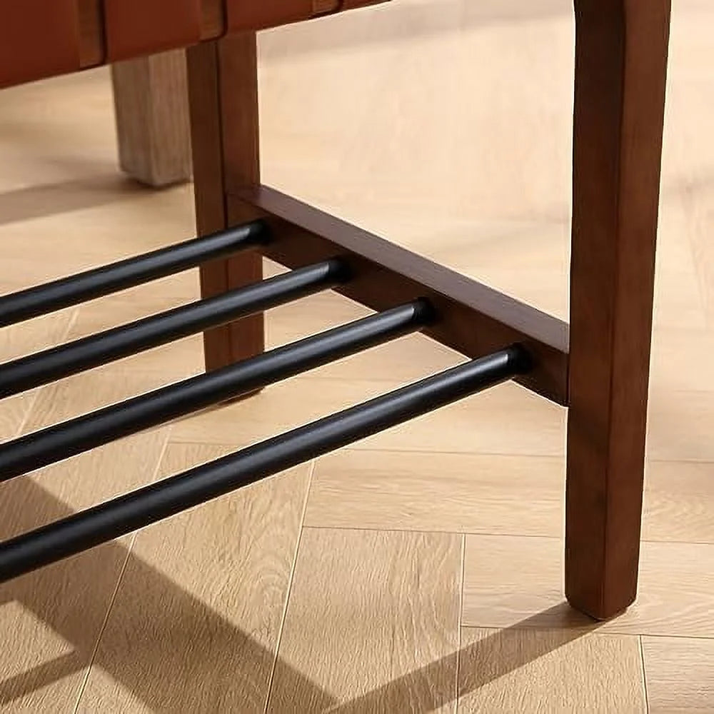 Rustic Wood 45 Inch Woven Bench with Metal Shoe Rack H35086