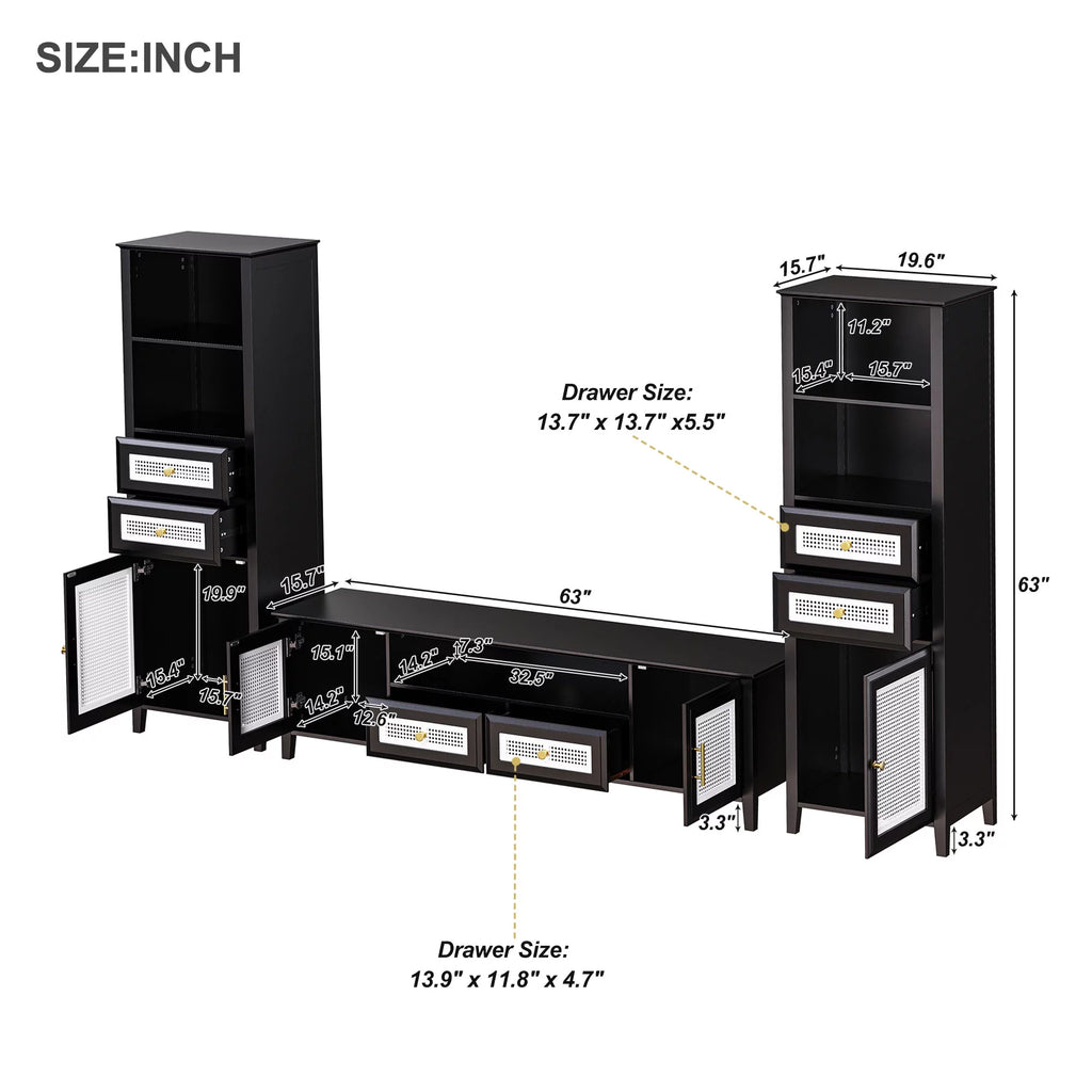 Black Rattan TV Stand Set with 2 Tall Cabinets H234