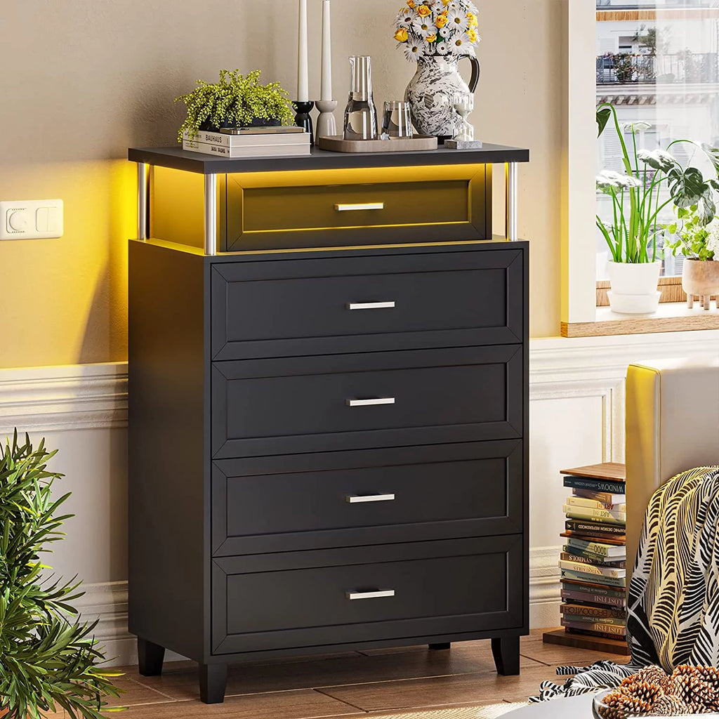 Black 5 Drawers Wood Dresser with LED Light R898