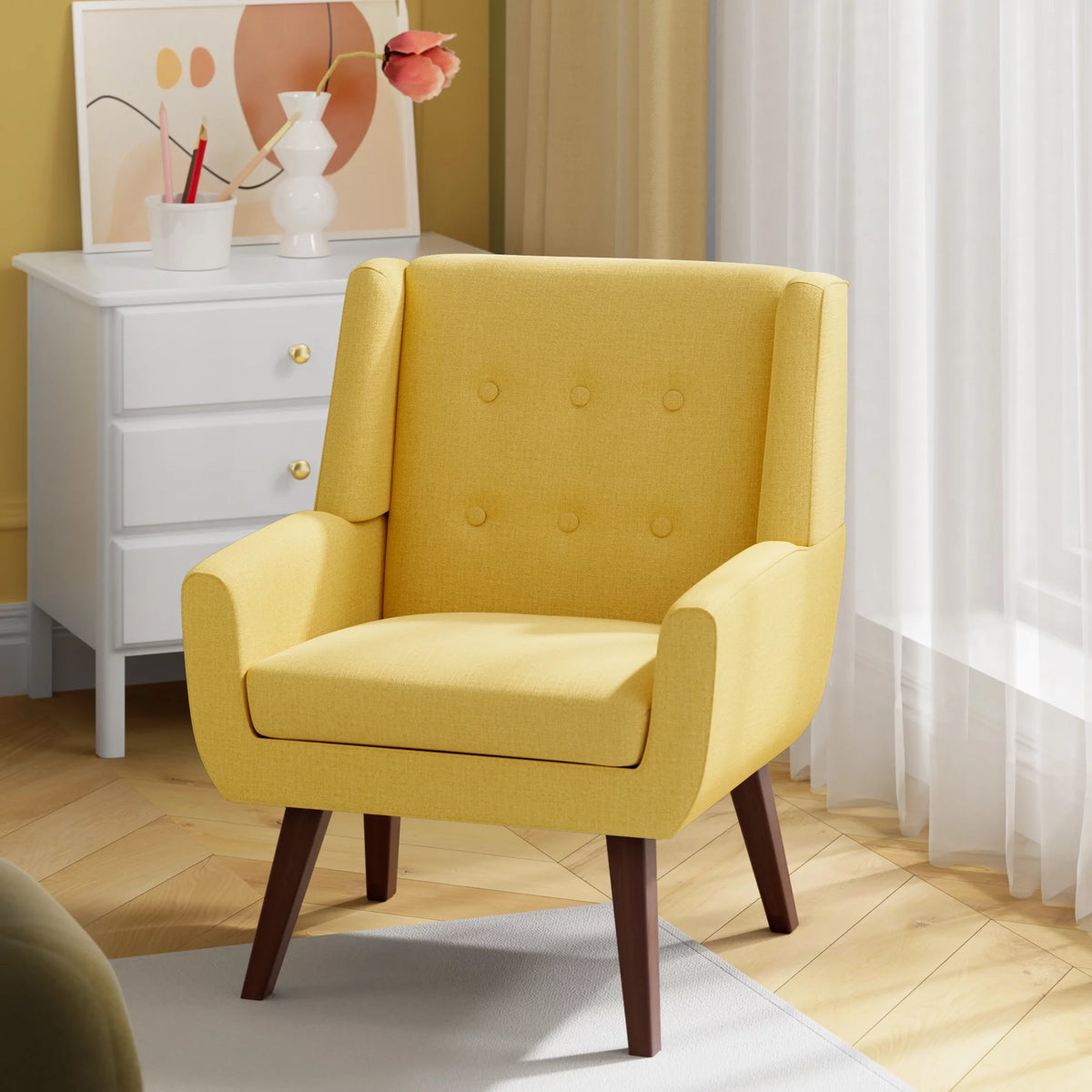 Yellow Linen Fabric Upholstered Accent Chair V91705