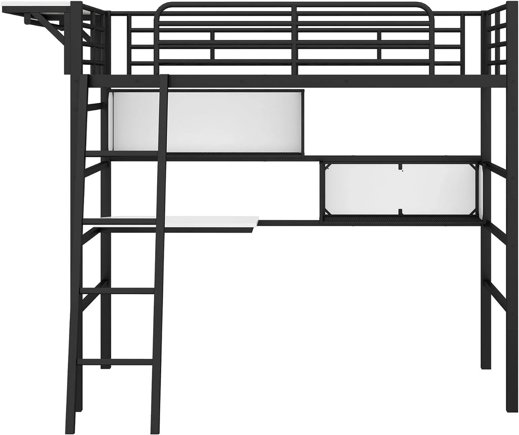 Heavy-Duty Black Loft Bed Frame with Storage Shelves P11201