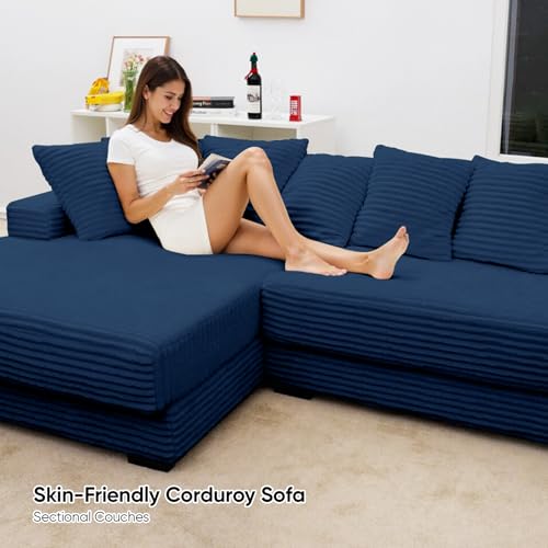 Beige Reversible Corduroy L Shaped Sectional Couch with 8pcs Pillows D273775
