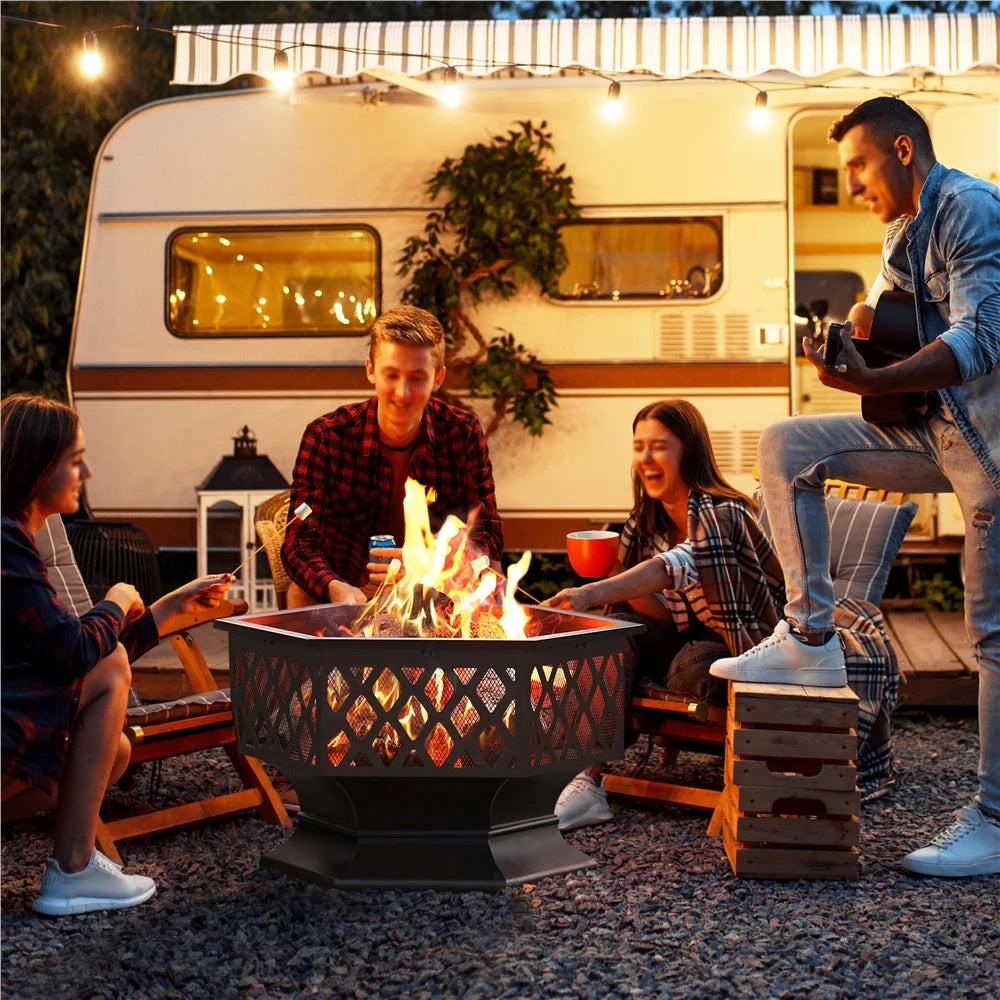 Black Hex-Shaped Steel Wood Burning Fire Pit with Spark Screen & Fire Poker H309344