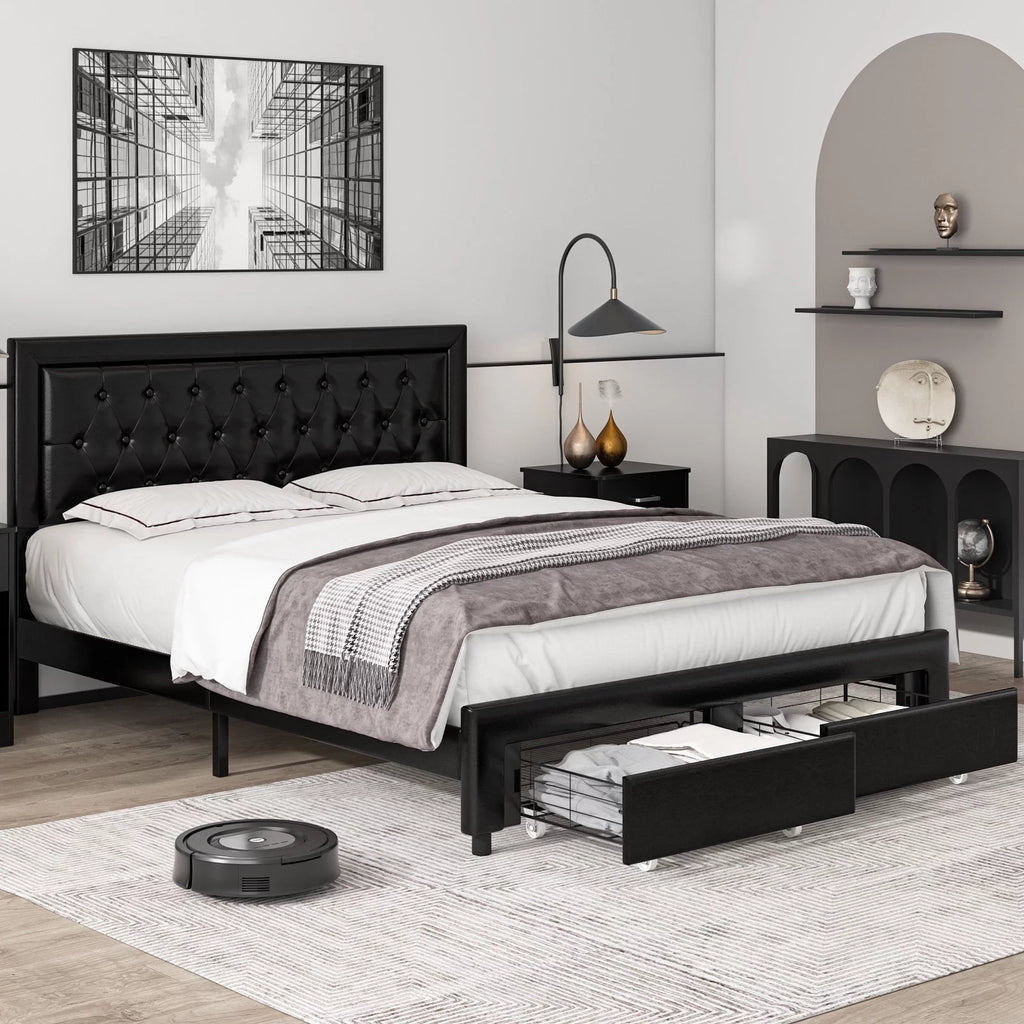 Queen Size Black PU Leather Upholstered Platform Bed Frame Y737