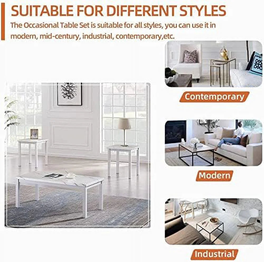 3 Piece Faux Marble Coffee Table Set with Black Metal Frame M60917