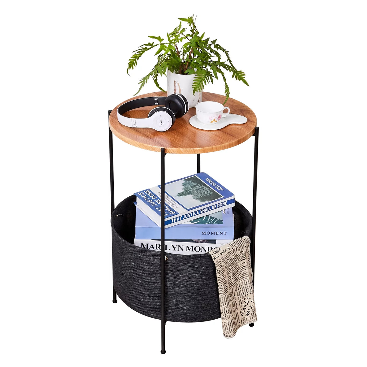 Round Wood Bedside Table with Storage Basket X667257