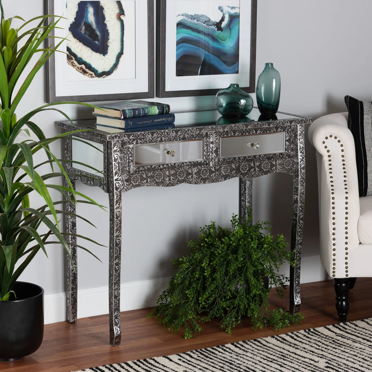 Mirrored Glass 2 Drawer Console Table Y555872