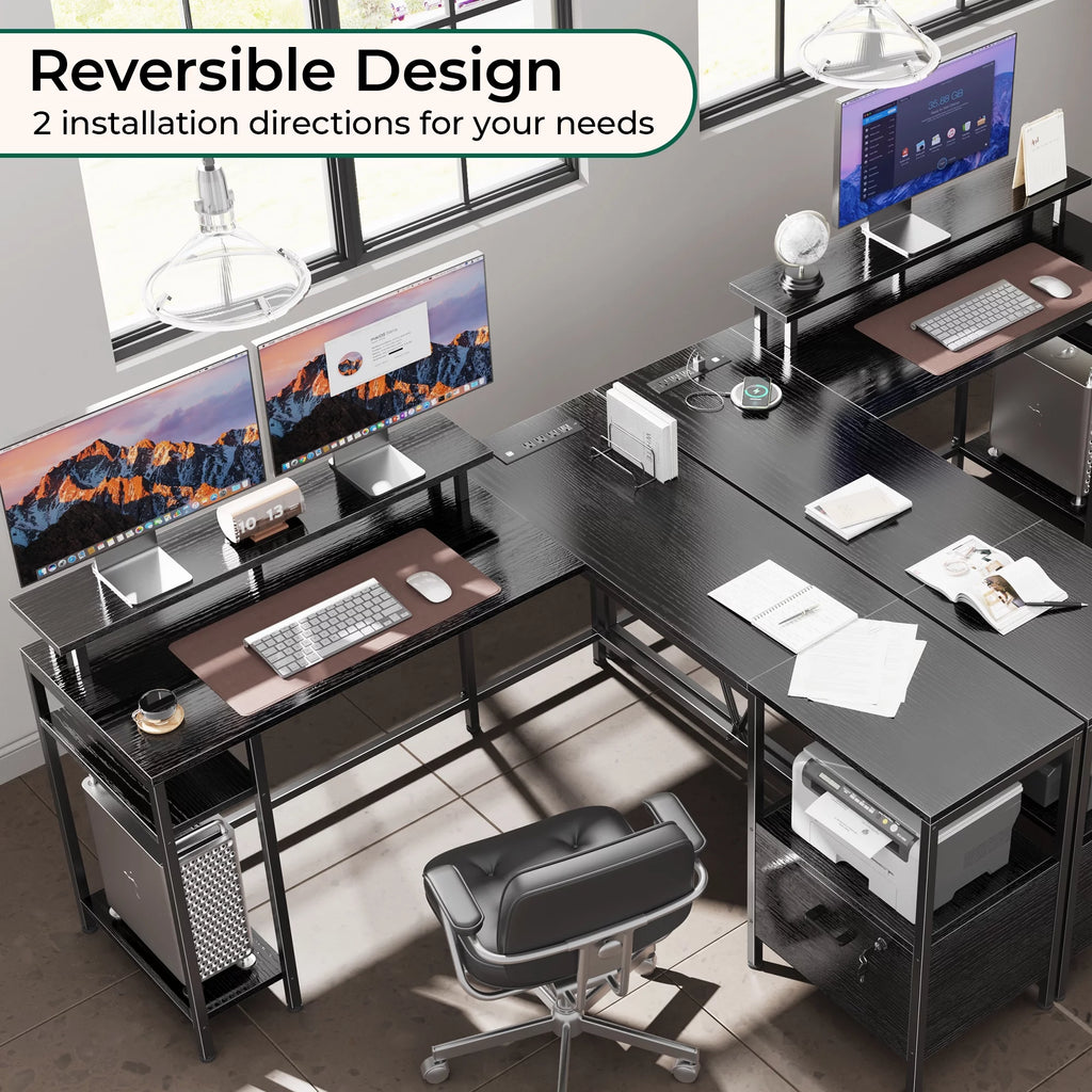 Black L Shaped Desk with Power Outlets & LED Lights O6457