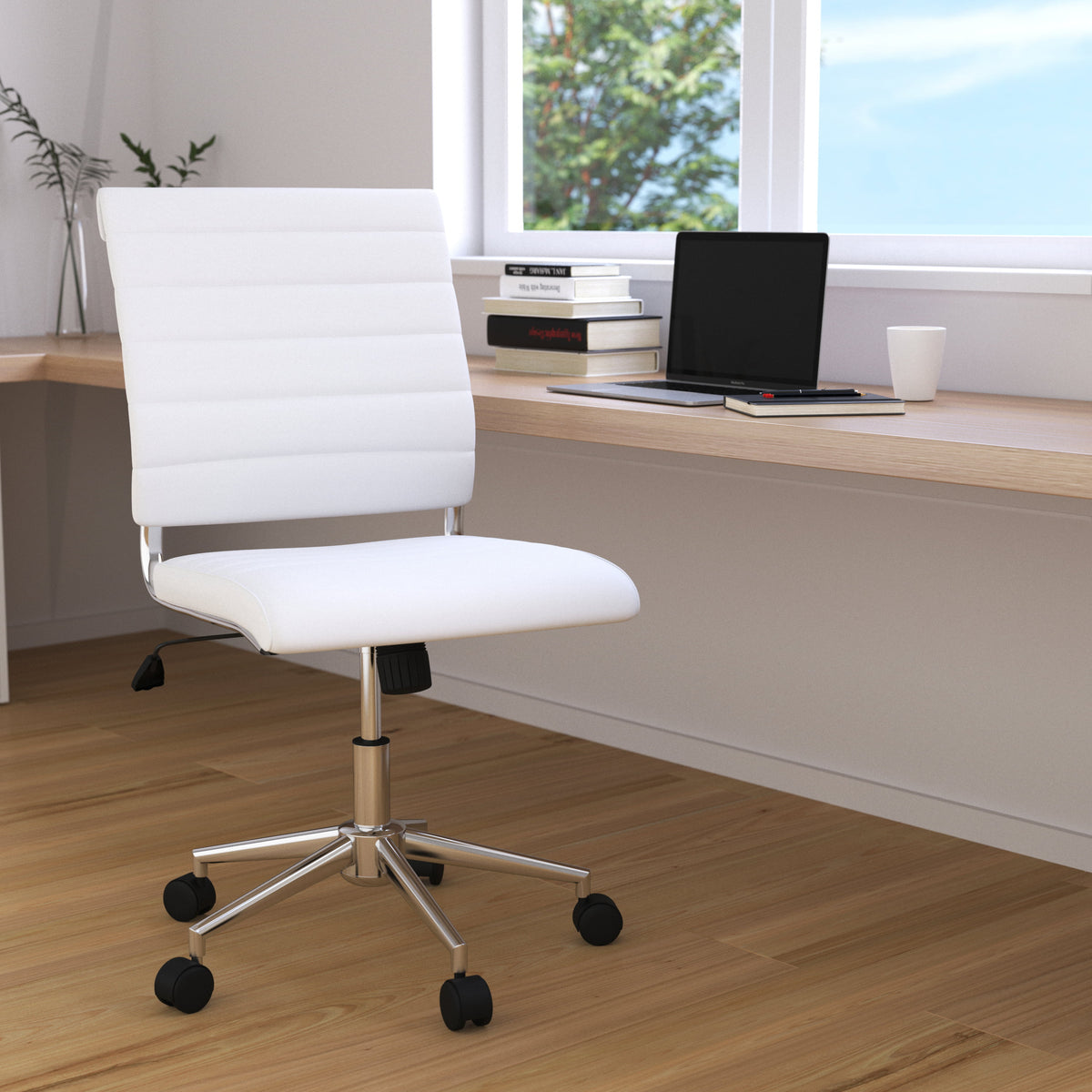 White Ergonomic Swivel Office Chair Faux Leather Mid-Back Armless Z823