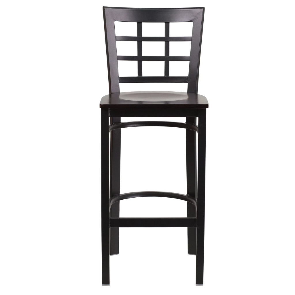 Black Window Back Metal Restaurant Barstool with Walnut Wood Seat Y908