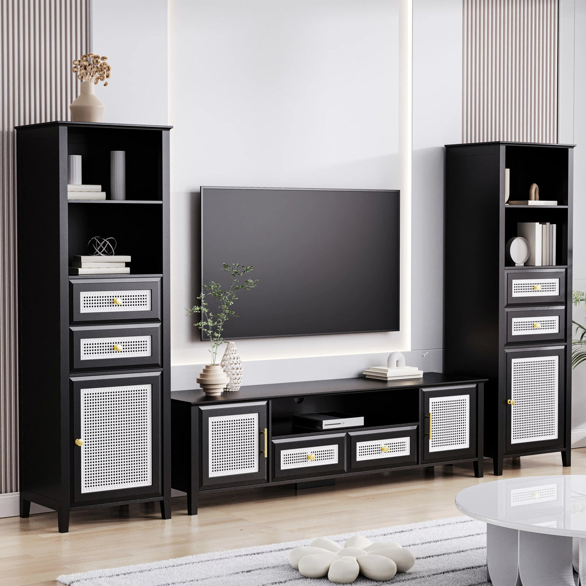 Black Rattan TV Stand Set with 2 Tall Cabinets H234