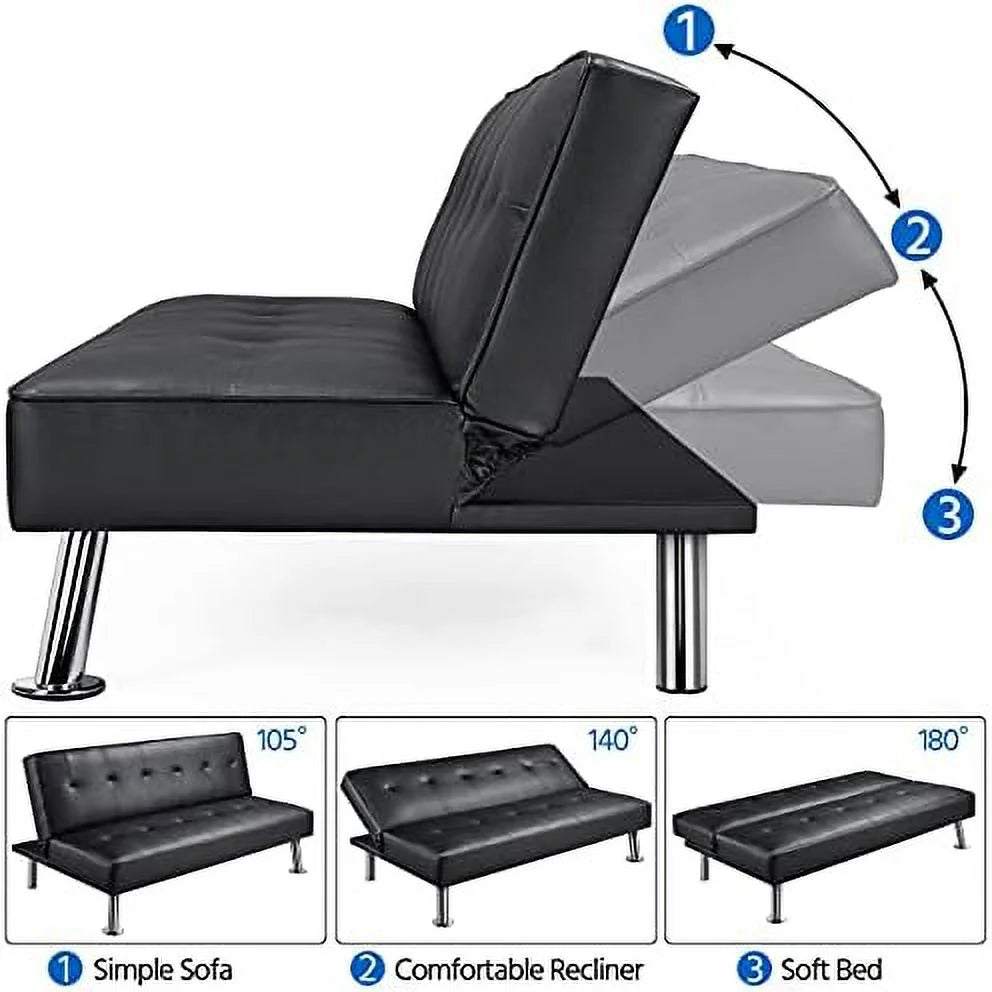 Black Faux Leather Folding Futon Sleeper Bed I443