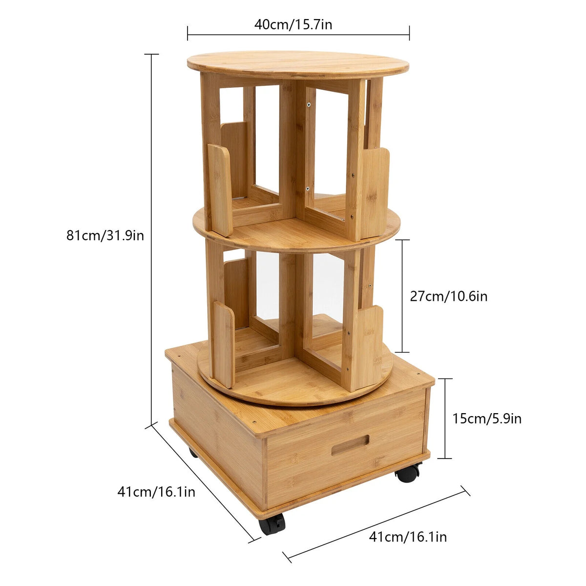 2 Tiers Rotating Bamboo Side Table with Wheels P10236