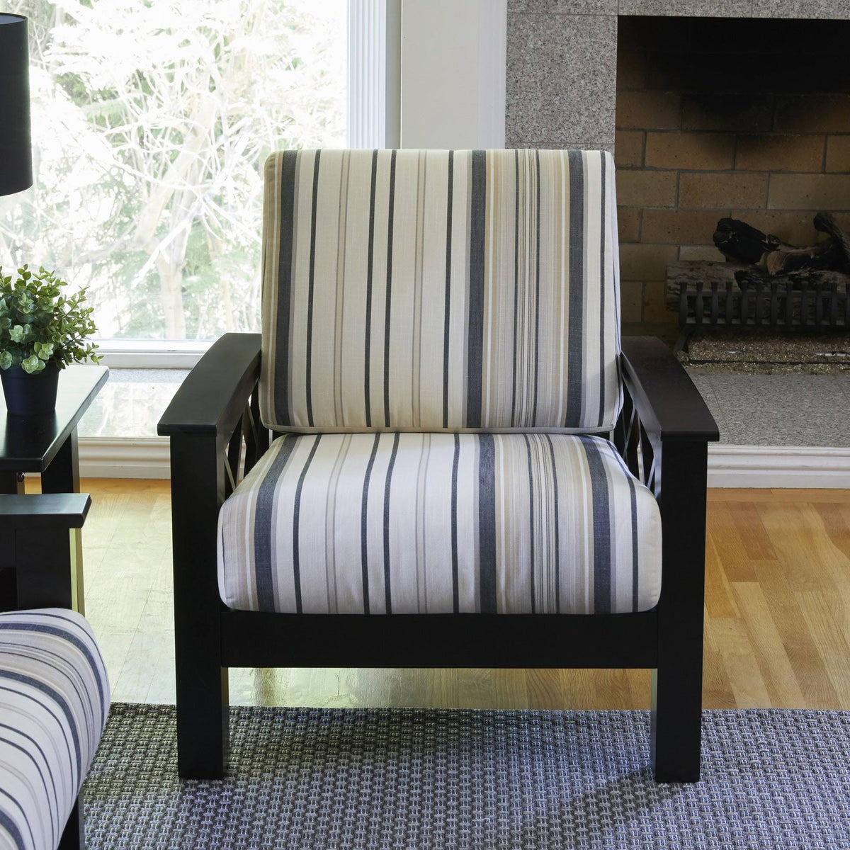 Brown Black Stripe Arm Chair with Exposed Wood Frame G7466