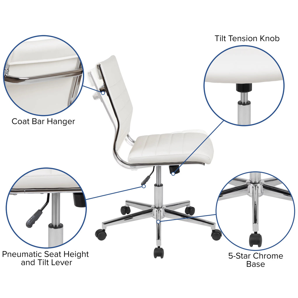 White Ergonomic Swivel Office Chair Faux Leather Mid-Back Armless Z823