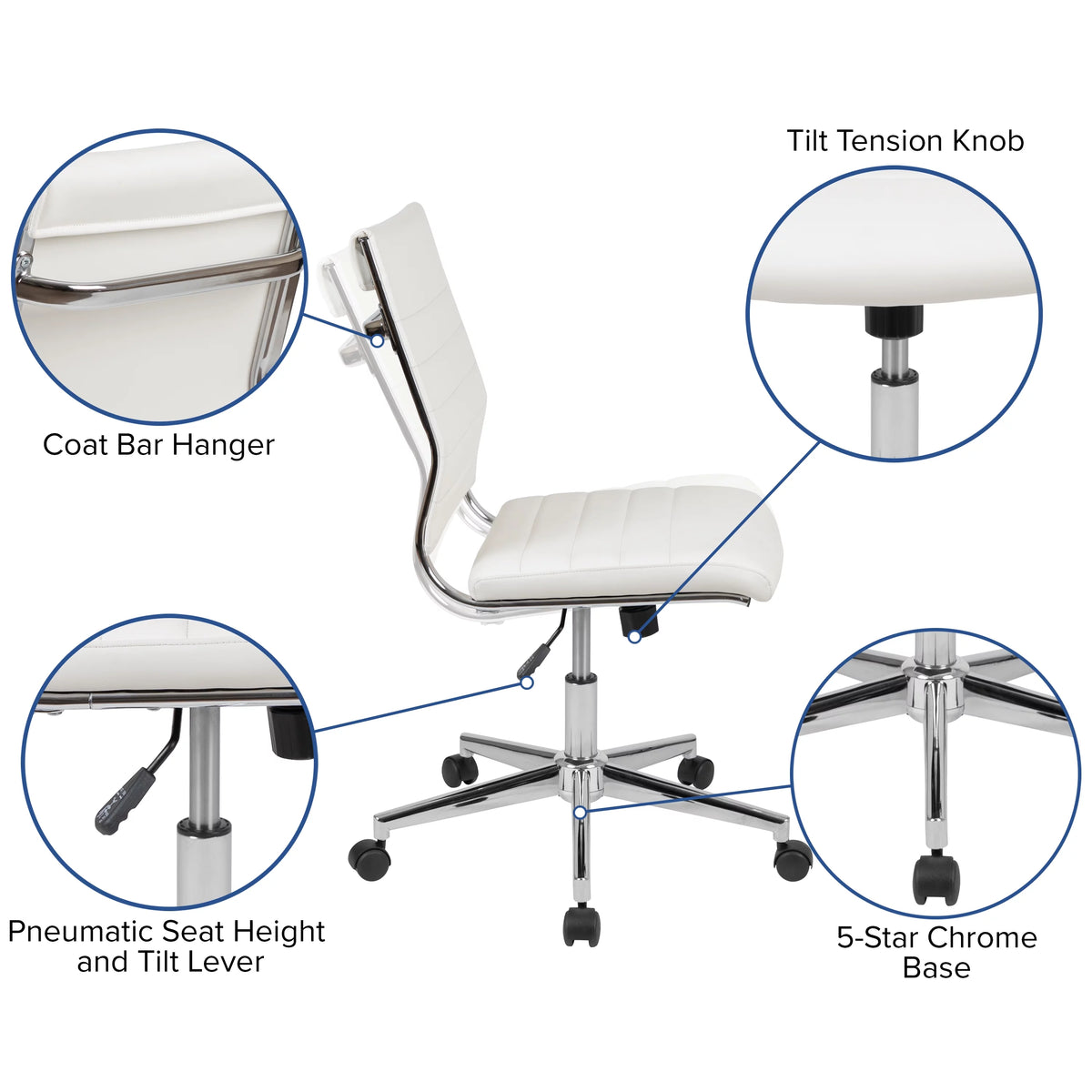 White Ergonomic Swivel Office Chair Faux Leather Mid-Back Armless Z823