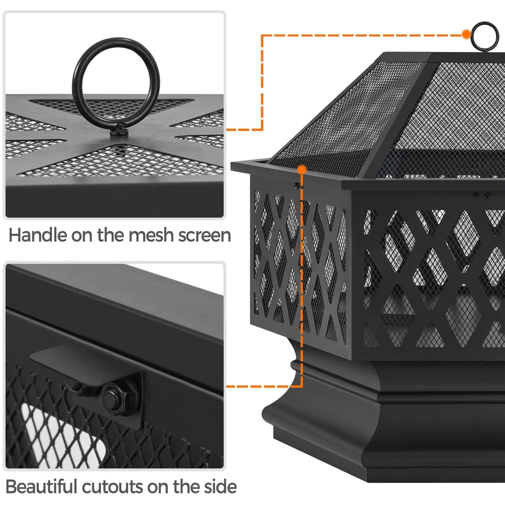 Black Hex-Shaped Steel Wood Burning Fire Pit with Spark Screen & Fire Poker H309344