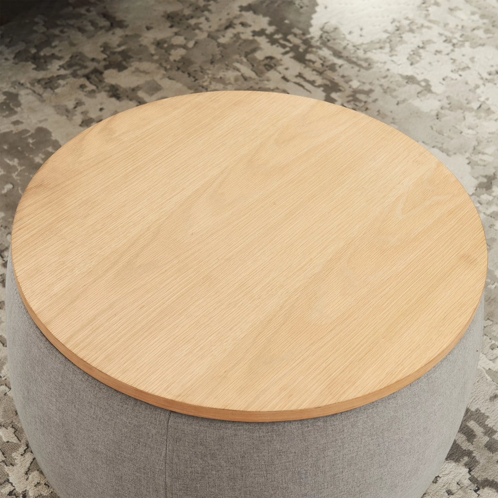 Grey Round Storage Ottoman with Wood Tray G947037