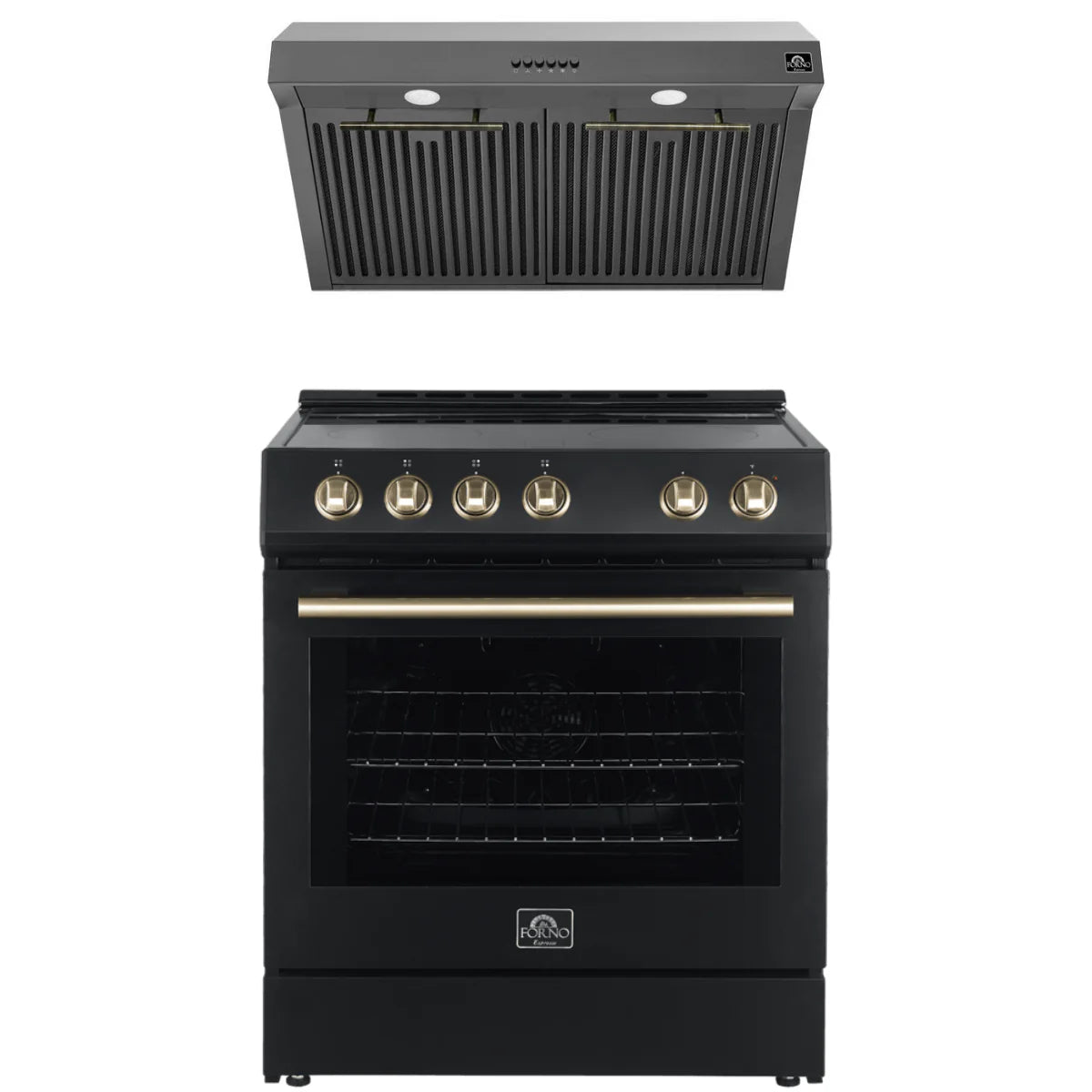 30 Electric Range and Range Hood in Black with Antique Brass Handles I50111
