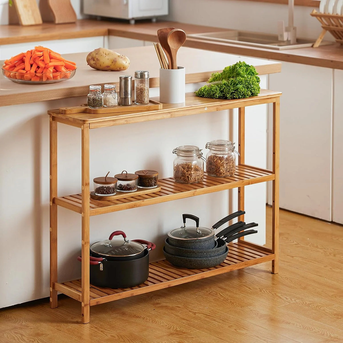3 Tier Bamboo Console Table with Shoe Storage K638