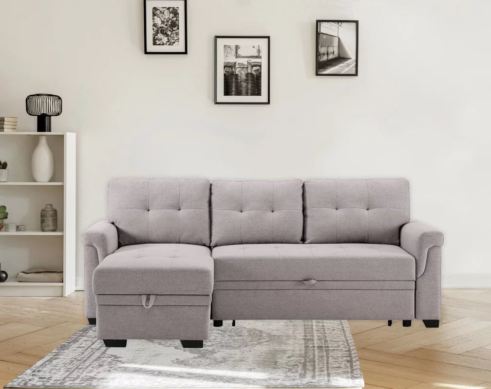 Light Gray Fabric Reversible Sleeper Sectional Sofa with Storage Chaise T49090