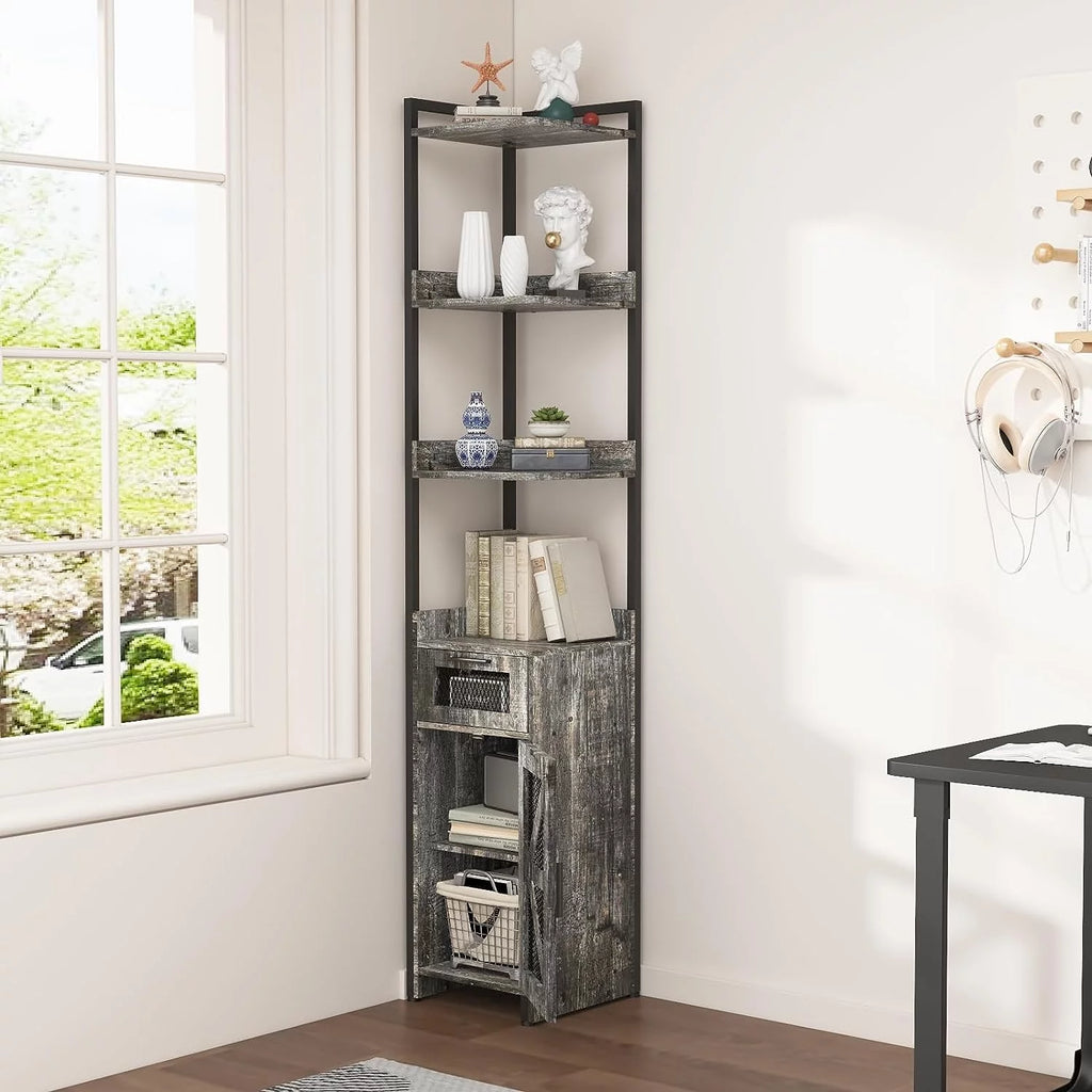 Grey 7-Tier Corner Cabinet with Drawer X737856