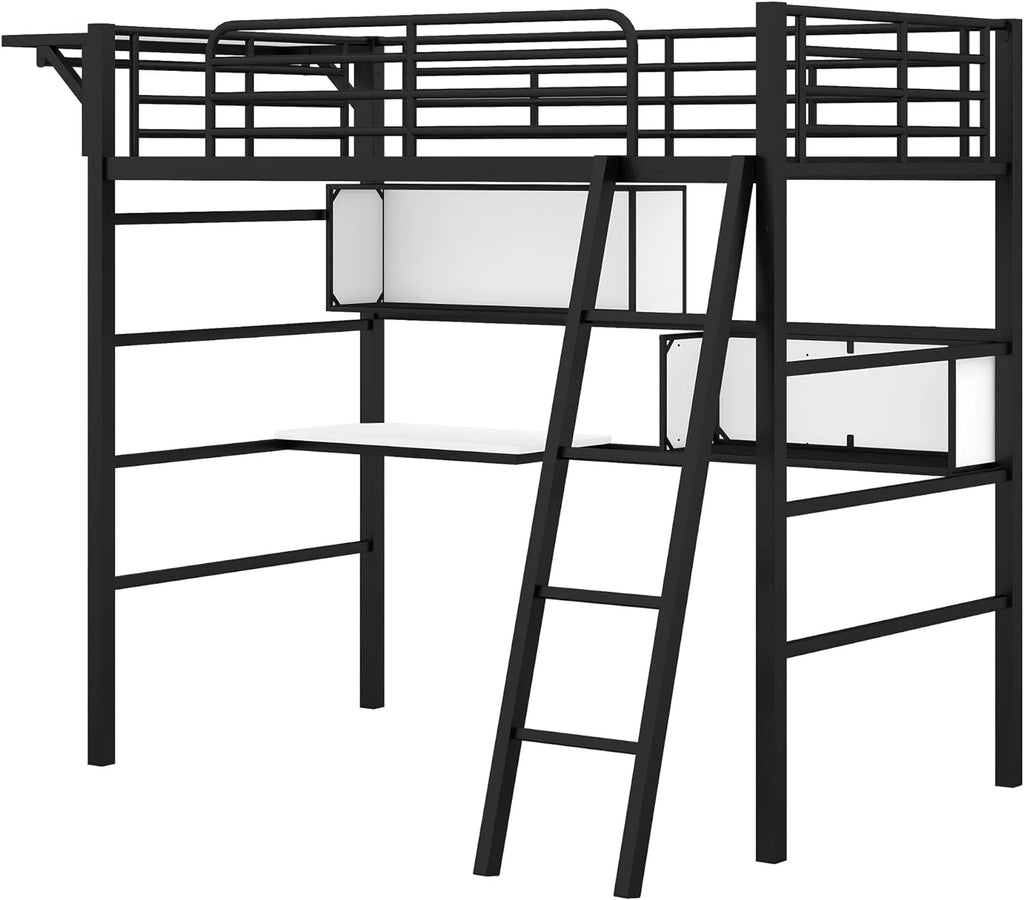 Heavy-Duty Black Loft Bed Frame with Storage Shelves P11201