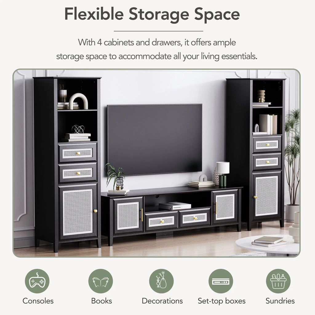 Black Rattan TV Stand Set with 2 Tall Cabinets H234