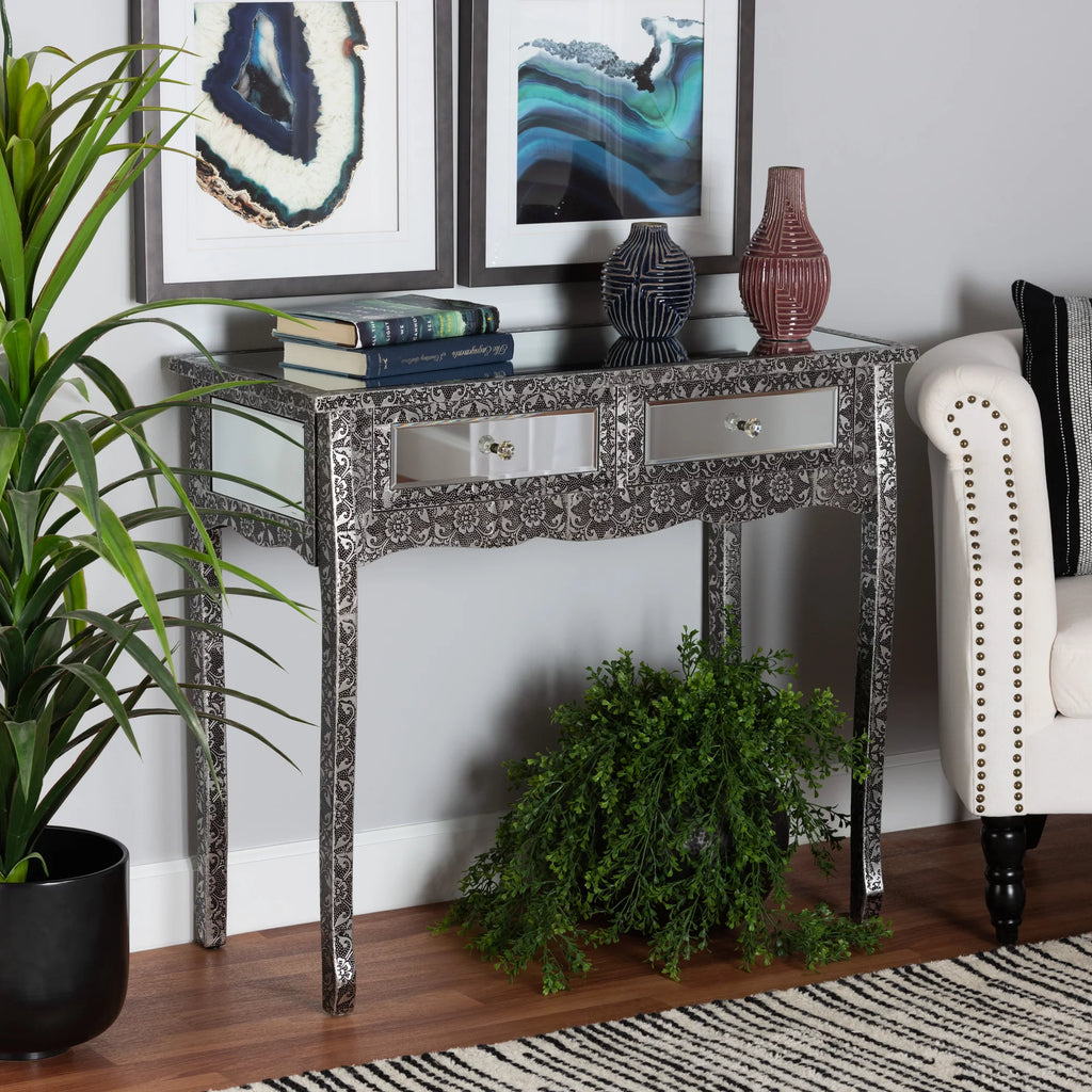 Mirrored Glass 2 Drawer Console Table Y555872