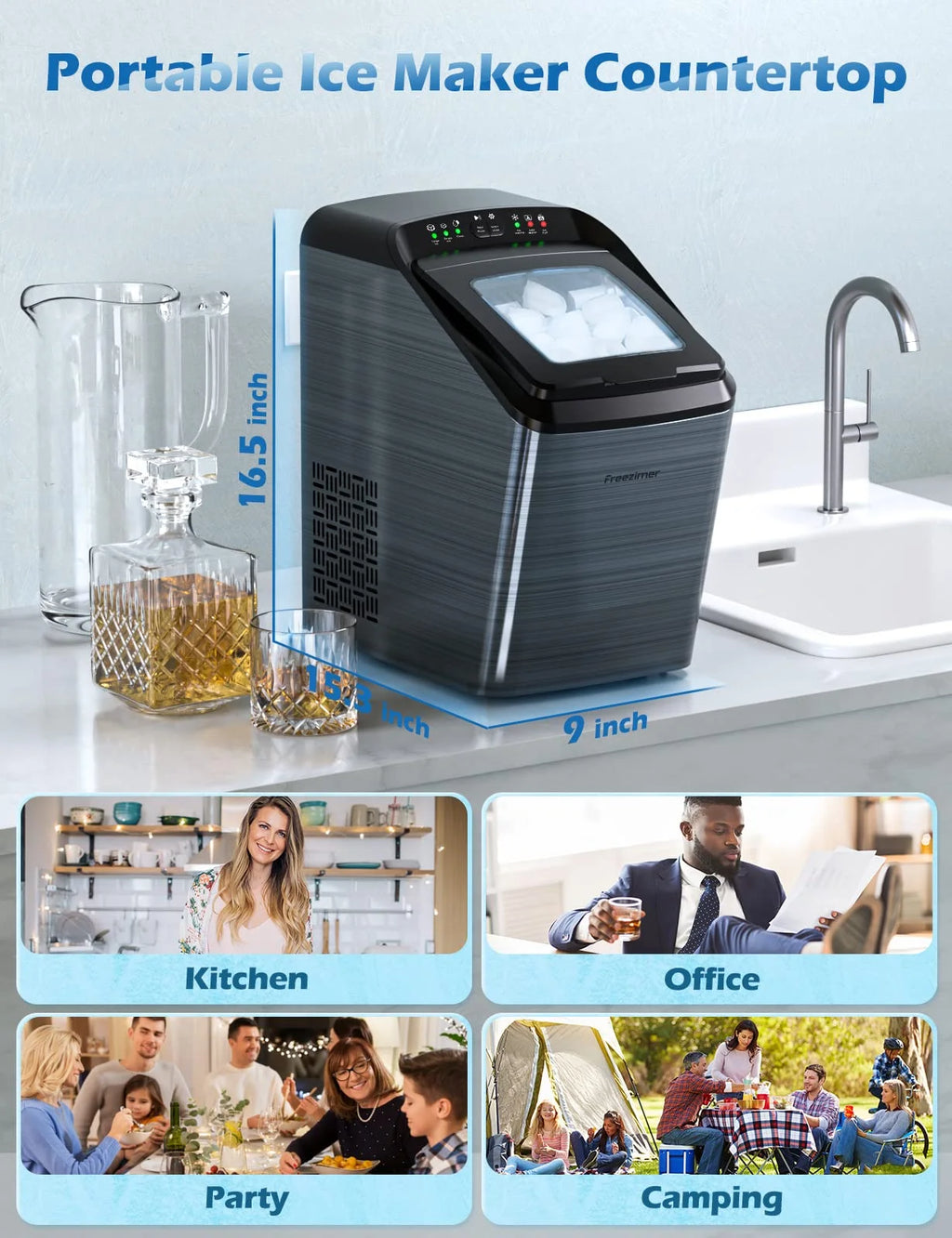 Black Countertop Bullet Ice Maker, 33Lbs, 2 Size Ice Cubes X328