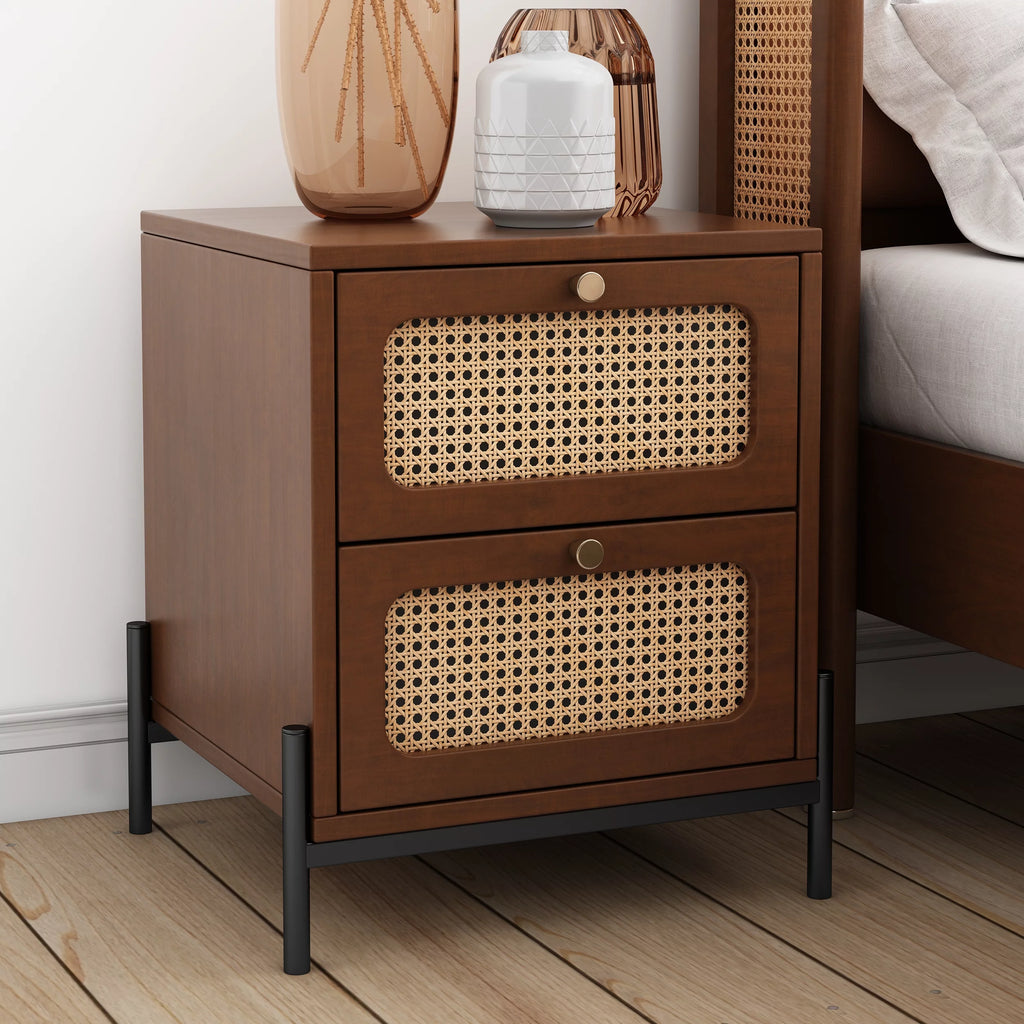 Walnut 2-Drawer Rattan Wood Side Table L147