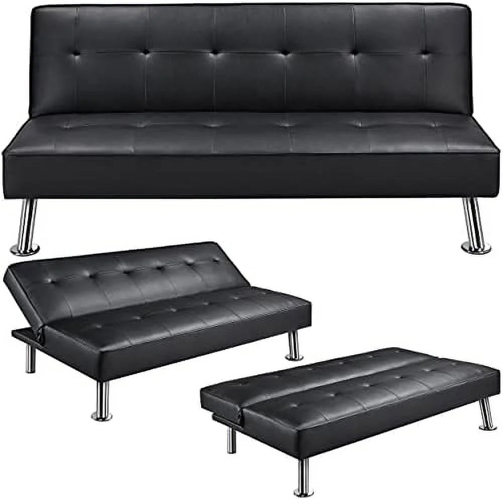 Black Faux Leather Folding Futon Sleeper Bed I443
