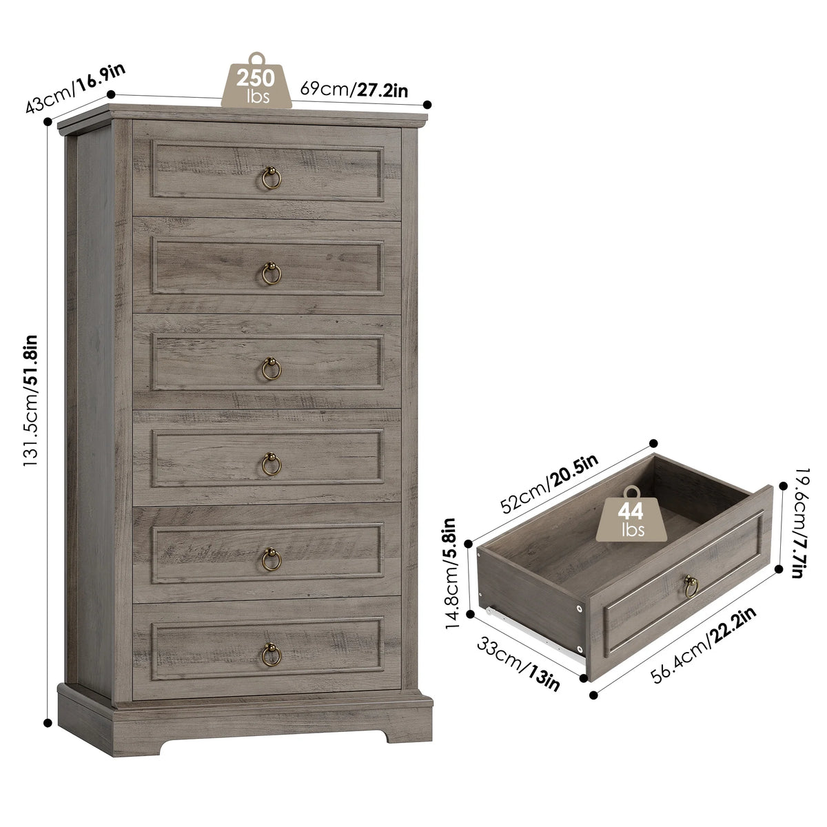 6 Drawer Tall Wood Dresser S22224