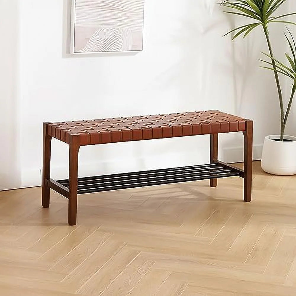Rustic Wood 45 Inch Woven Bench with Metal Shoe Rack H35086