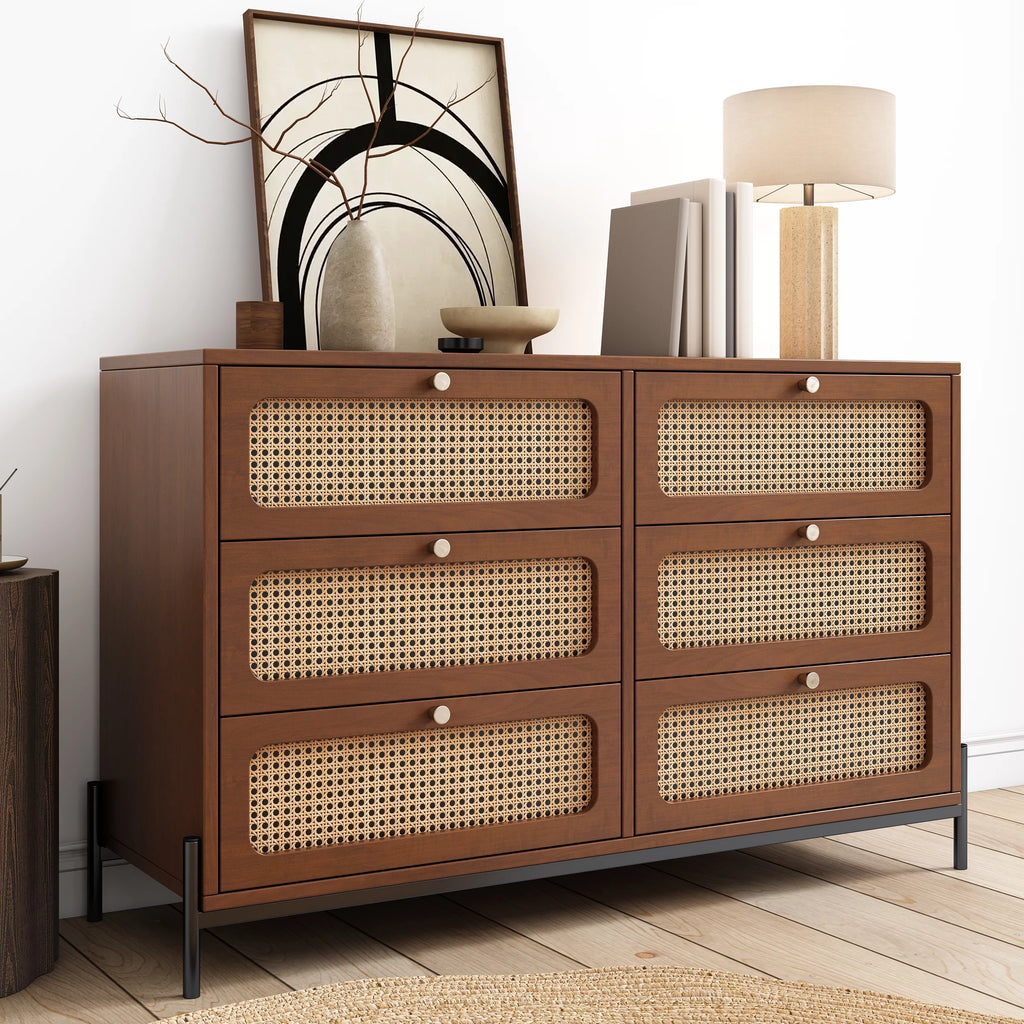 Walnut 2-Drawer Rattan Wood Side Table L147
