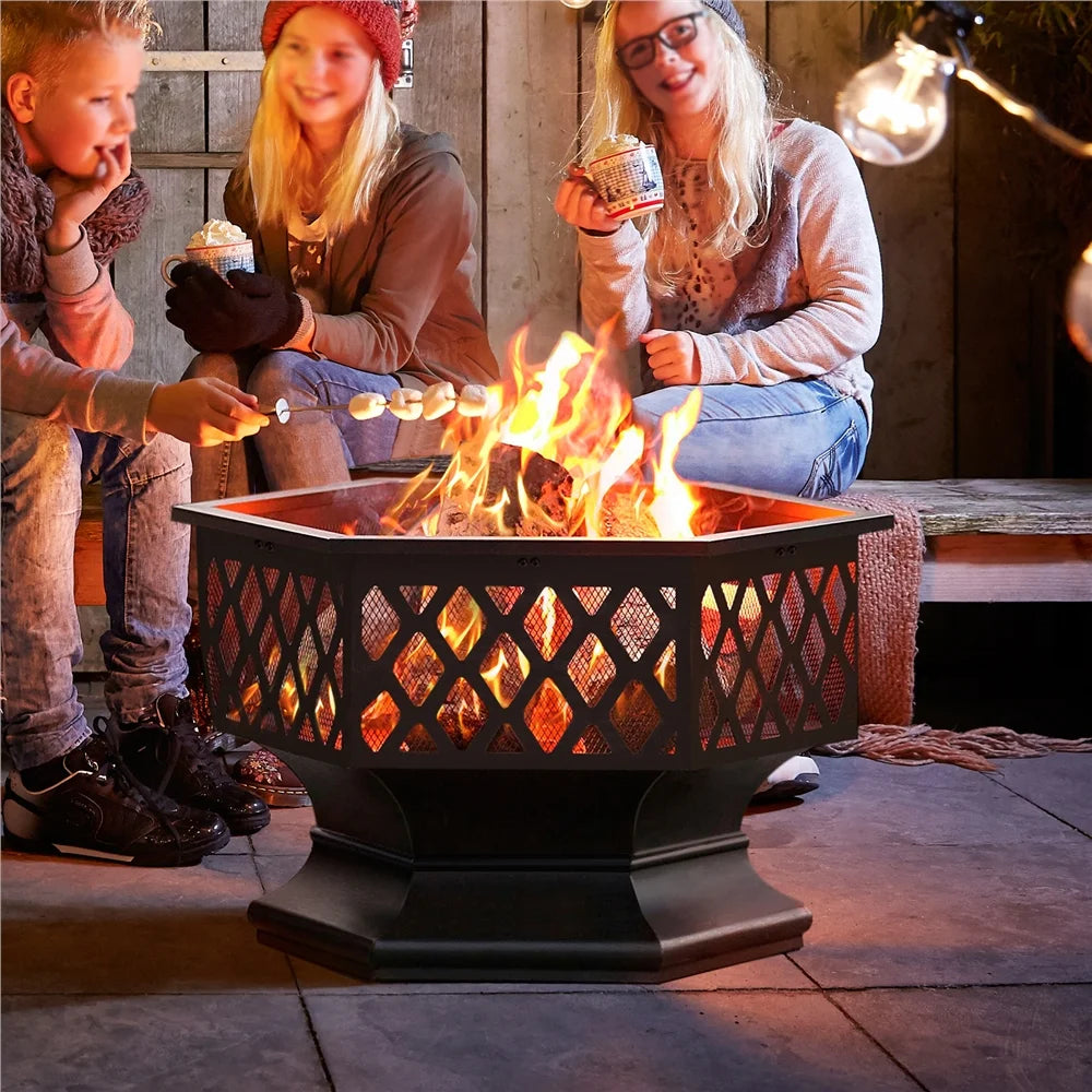 Black Hex-Shaped Steel Wood Burning Fire Pit with Spark Screen & Fire Poker H309344