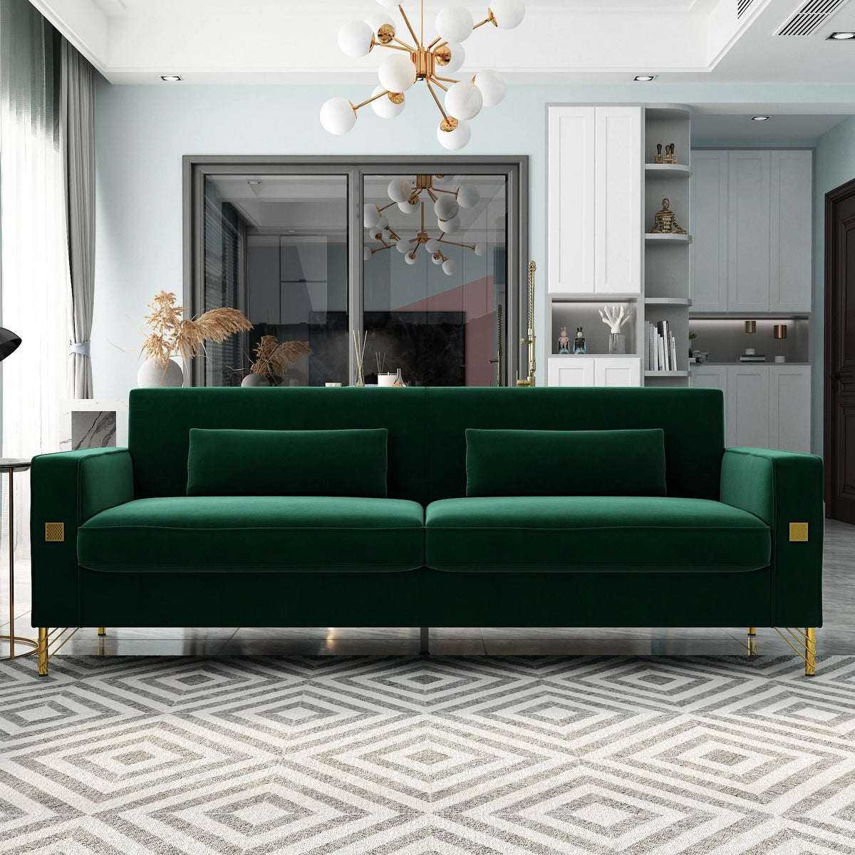 Orange Velvet 3-Seater Sofa with Gold Legs Q617