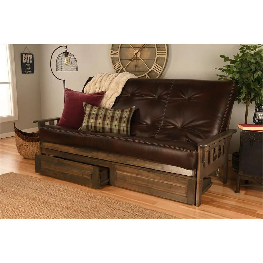 Walnut Brown Queen Wood Futon Frame with Storage Drawers I34989