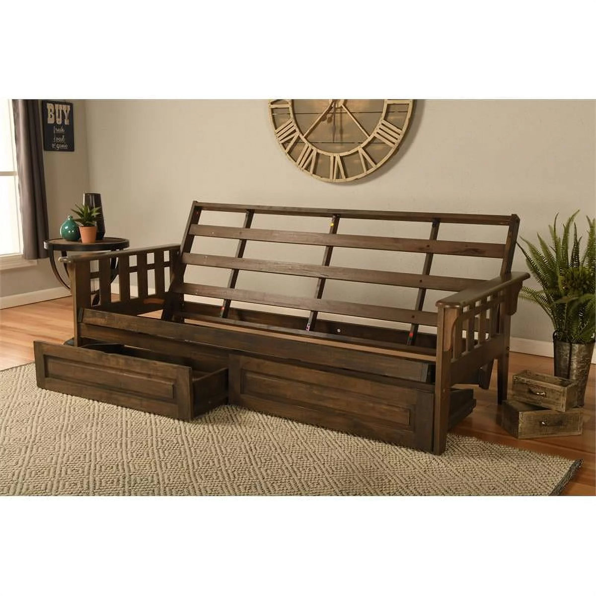 Walnut Brown Queen Wood Futon Frame with Storage Drawers I34989