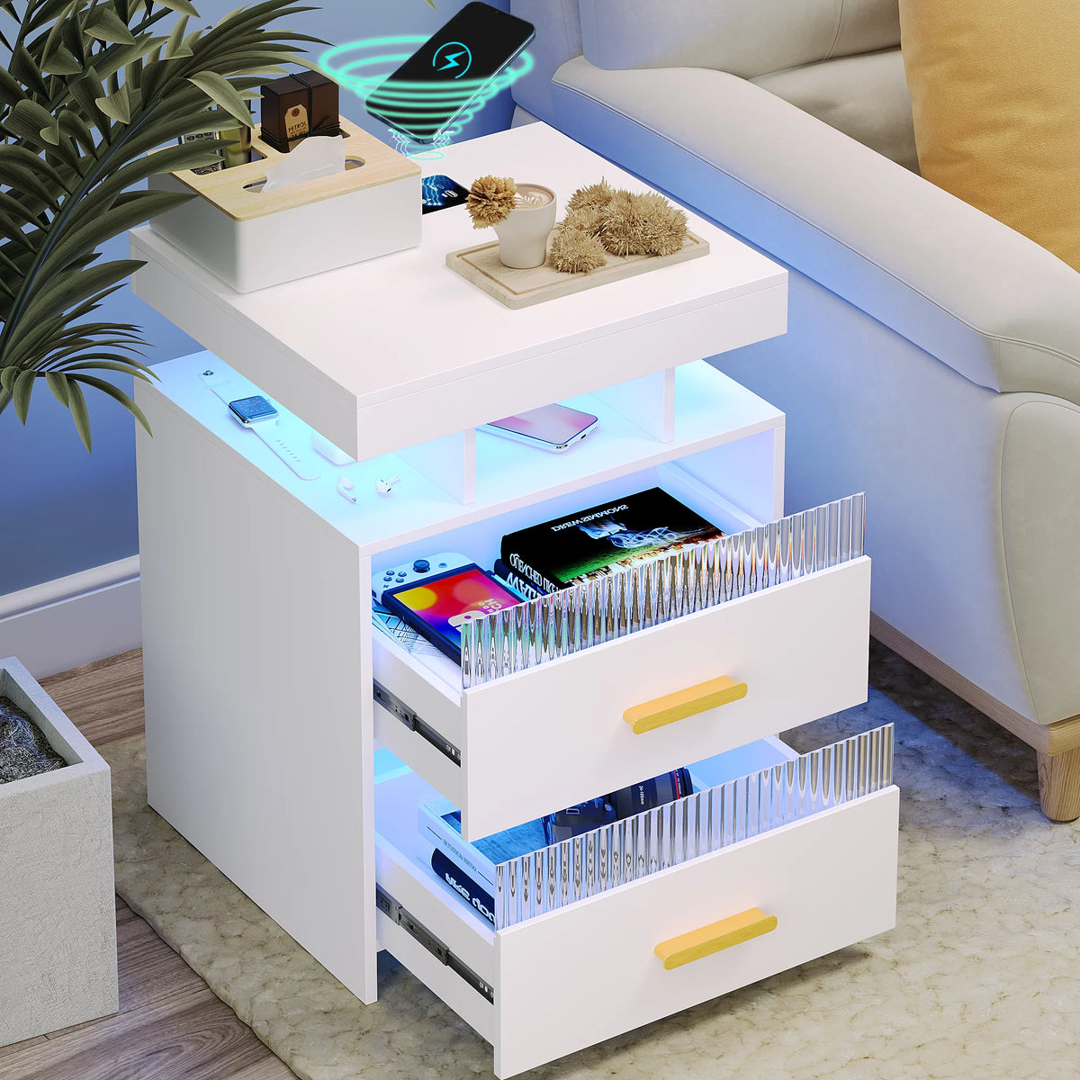 White Modern Nightstand with Wireless Charging Station and USB Port M258796