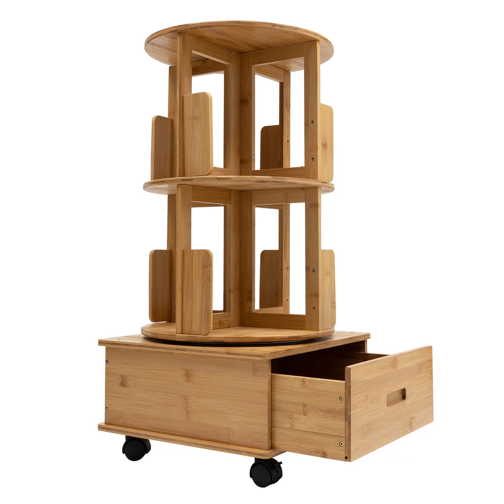 2 Tiers Rotating Bamboo Side Table with Wheels P10236