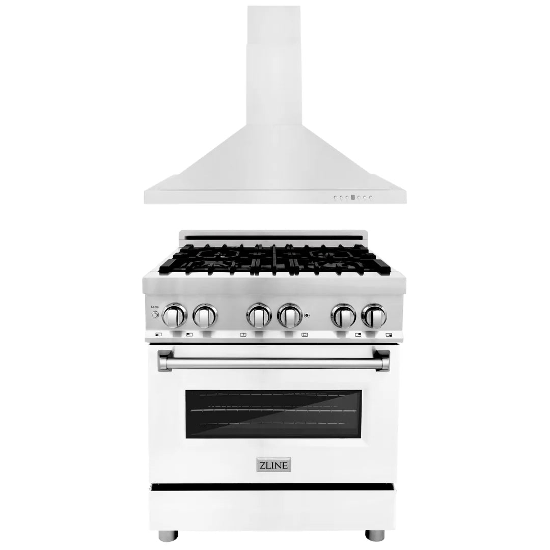 30 in. Dual Fuel Range with White Matte Door & Range Hood Appliance Package A73262