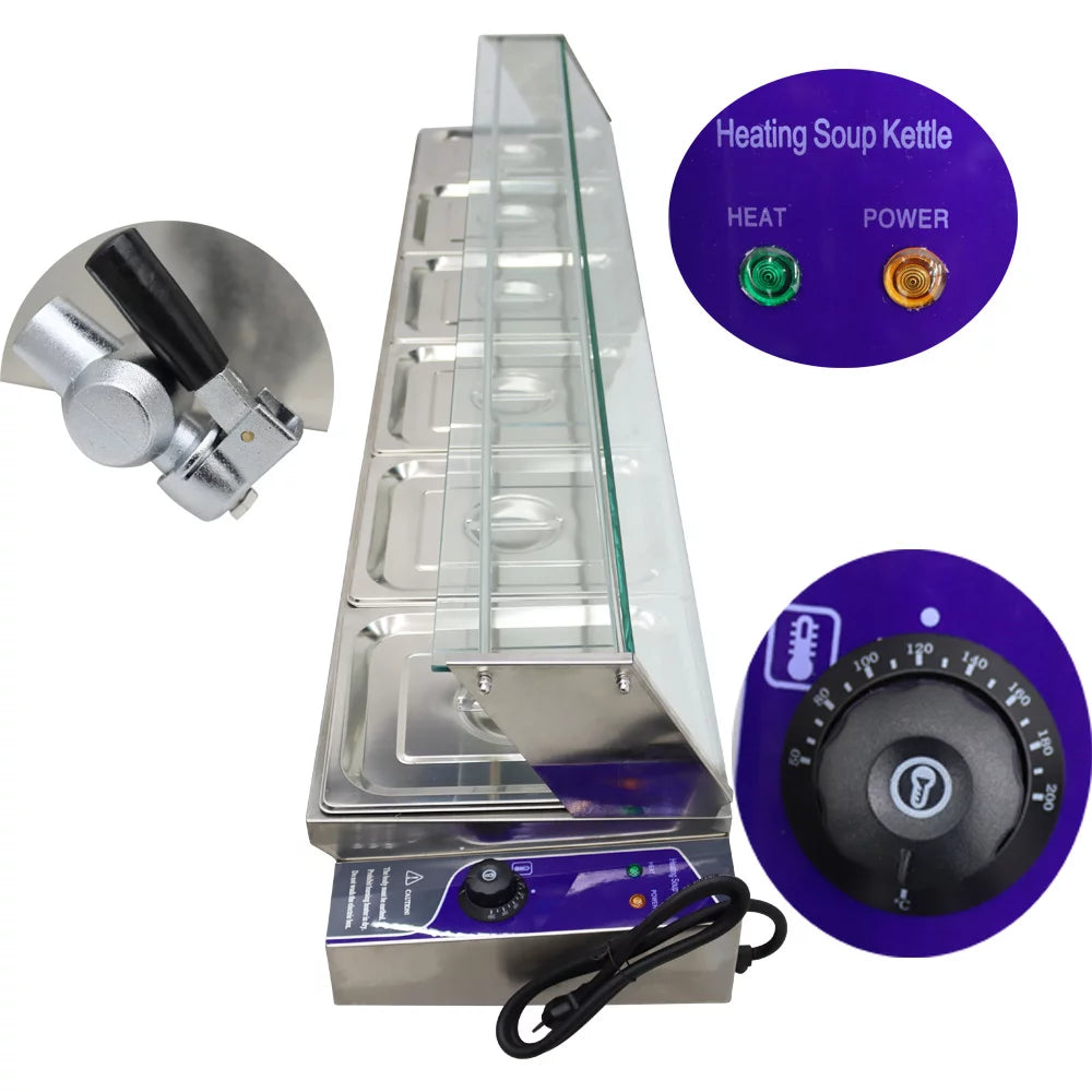 Electric Commercial Bain-marie Buffet Food Warmer Steam Table with Glass Guard 6-Pan I464