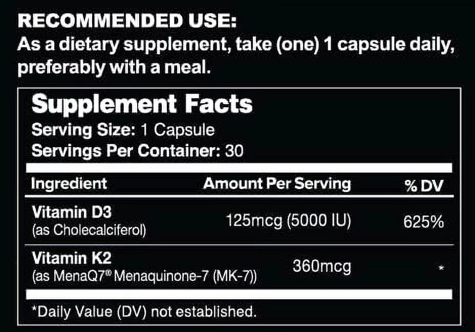 Vitamin K2 MK7 360mcg Vitamin D3 5000 IU Vegan Supplement Y109